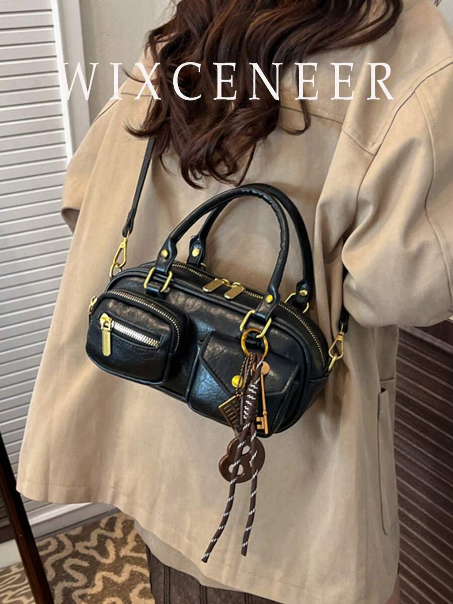 女士复古纯色PU皮革单肩包，多口袋大容量，配有可拆卸吊坠