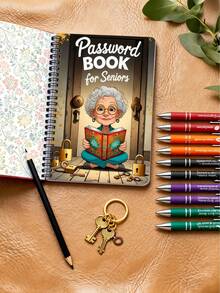6本卡通螺旋密码本，专为老年人设计 - 70页锁形图案笔记本，印有老年人卡通形象，密码和登录信息管理工具，适用于互联网、电脑、家庭或办公室使用，高级安全工具，趣味封面设计，安全主题，笔记本/日记本（含5支笔）