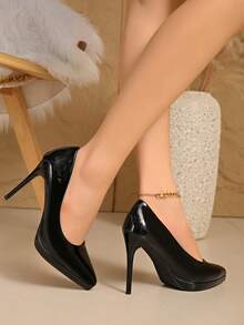 12cm/13cm/10cm Super High Heel Pointed Toe Chunky Heel Sexy Patent Leather Low Vamp Pumps, White/Nude - Black - View 3