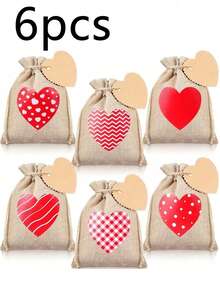 6 piezas Bolsas de lino con cordón con forma de corazón para el Día de San Valentín, incluye tarjetas y cordones de lino, bolsas de regalo con cordón de lino con diseño de corazón para bodas, aptas para el Día de San Valentín, bodas, despedida de soltera, aniversario, Día de la Madre, fiesta de cumpleaños y otras ocasiones. - Multicolor - Ver 8