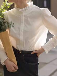 [Y6Y] 女士优雅白色长袖衬衫，荷叶边领口和褶裥细节，梭织面料，适合通勤和休闲穿着