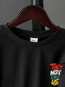 青少年男孩标语印花圆领短袖休闲百搭T恤 - 黑色 - 查看 4