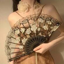 Elegant Lace Rose Folding Fan - Chinese Ancient Style Handheld Flower Pattern Fan, Black And White Rose Options, Compact 9.5-Inch Design, Suitable For Dance, Performance Or Decoration - White - View 5