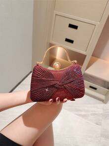 1pc Glittery Bow Design Mini Box Clutch Bag, Elegant Luxury Rhinestone Decor Evening Dress Purse, Charming Party Handbag, Glamorous Ladies' Clutch For Formal Events, Suitable As Holiday Gift, Comes With Detachable Shoulder Chain