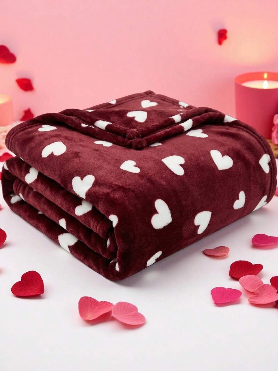 1 chiếc chăn nhung mềm mại in hình trái tim, chăn lông cừu ấm áp, chăn nhung mềm mại như sữa, chăn du lịch hai mặt dùng cho ghế sofa, phòng ngủ, ký túc xá, thích hợp làm quà tặng ngày Valentine. - Màu đỏ tím - Xem 1