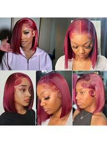 99j Burgundy Lace Front Wigs Human Blended Hair 8-16 Inch Short Bob Wig 13x4 Lace Front Wigs Pre Plucked 180% Density Straight Bob Wig Natural Hairline Wine Red Wigs For Women(Blended Wigs-A Mix Of Human Blended Hair And Synthetic) - S99J - View 6