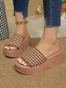 女士编织带凉鞋，厚底超高坡跟沙滩拖鞋 - 棕色 - 查看 4