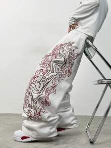 1pc Justice Brother Korean Style Embroidered White Denim Jeans, Loose Fit, Versatile, Comfortable Casual Wide Leg Pants (Belt And Accessories Not Included) - White - View 1
