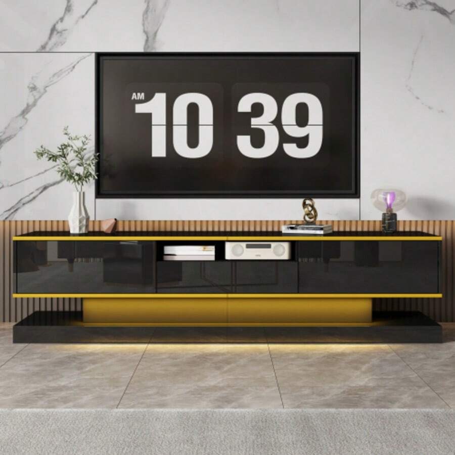 Modern TV Unit With Three Drawers And One Open Compartment - High-Gloss Lacquered Finish With Multi-Coloured LED Lighting, 180 X 38 X 45 Cm - Black - View 1