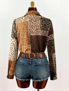 女士单排扣豹纹长袖休闲时尚衬衫 - 咖啡棕 - 查看 2