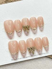 10pcs Pink Gold-Plated French Manicure Y2K Almond-Shaped Nails, Metal Bow Decor, Nude Minimalist Handmade Nail Art Accessories, Press-On Nails