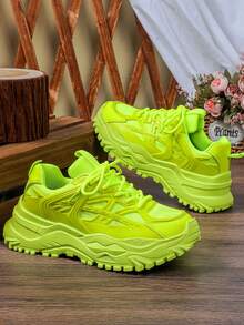 Soft, Breathable And Lightweight Mesh Running Shoes, Neon Green Color, Unisex Casual Walking Shoes Suitable For Commuting, Fitness, Travel, With Wedge Heel Design, Round Toe, Low-Top, Versatile, Perfect Gift For Holidays Or Valentine's Day, Women's Athletic Shoes - Fluorescent Green - View 5