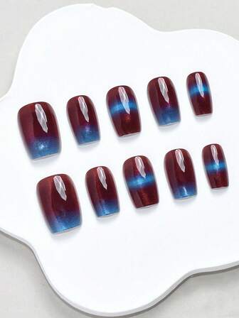 10pcs New 2026 Autumn/Winter Bicolor Nail Tips, High-End Flattering Caramel & Peacock Blue Shades