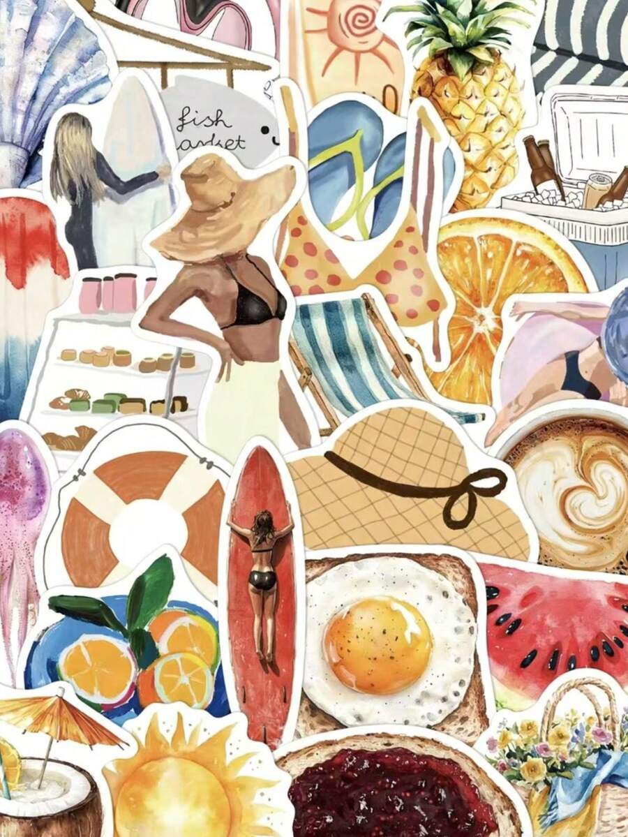 50pcs Boat Shaped Beach & Pool Stickers, Suitable For Laptop, Luggage, Scrapbook, Room Decor, DIY Graffiti Scrapbook Supplies Stationery - Multicolor - View 1