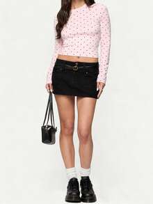 Polka Dot Tops For Women Y2K Long Sleeve Crop Top Slim Fit Crew Neck Casual T Shirts Vintage Cute Going Out Top Streetwear - Hồng - Xem 4