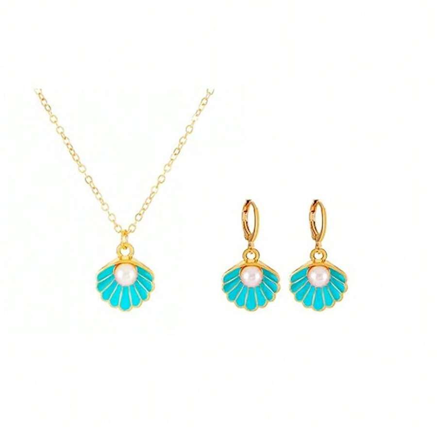 Seashell Pearl Pendant Necklace Gold Plated Boho Enamel Pink Blue Scallop Sea Shell Starfish Ocean Animal Chain Necklace For Women Hawaiian Summer Beach Holiday Fashion Jewelry Gifts - 藍色首飾套裝 - 查看 1