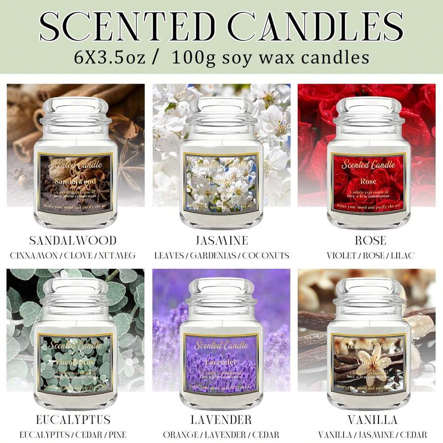6 Assorted Scented Candles, Home Fragrance, Long-Lasting Aroma, Soy Wax, Plant Essential Oils, Natural Scented Candles, Home Decor, Jar Candles, Cirelle Home, Decoration, Room Decoration, Home Decoration - Bottled - View 1
