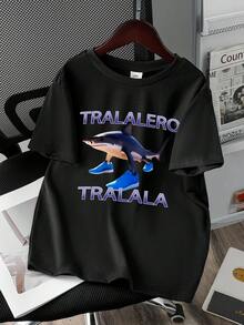 青少年男孩卡通鲨鱼字母印花圆领短袖休闲T恤 - 黑色 - 查看 3