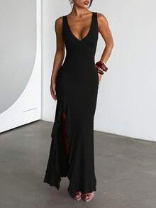 WOWDARK Women's V-Neck Ruffle Hem Slit Solid Color Dress, Suitable For Valentine's Day, Dates, Gatherings, Parties, Travel, Vacation, Beach And Other Occasions - 黑色 - 查看 3