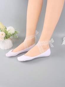 1 đôi tất nữ buộc dây ruy băng, kiểu dáng nông, mỏng, chống trơn trượt, thoáng khí, thấm hút mồ hôi, không lộ tất. - trắng - Xem 4