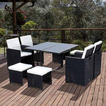  Outsunny 8 Seater Rattan Cube Garden Furniture Set, Rattan Dining Set With Cushions, Outdoor Dining Table And Chairs With 4 Armchairs, 4 Stools, Square Glass Top Table, Black