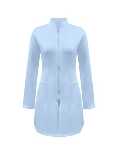 纯色前拉链双口袋实验室大衣