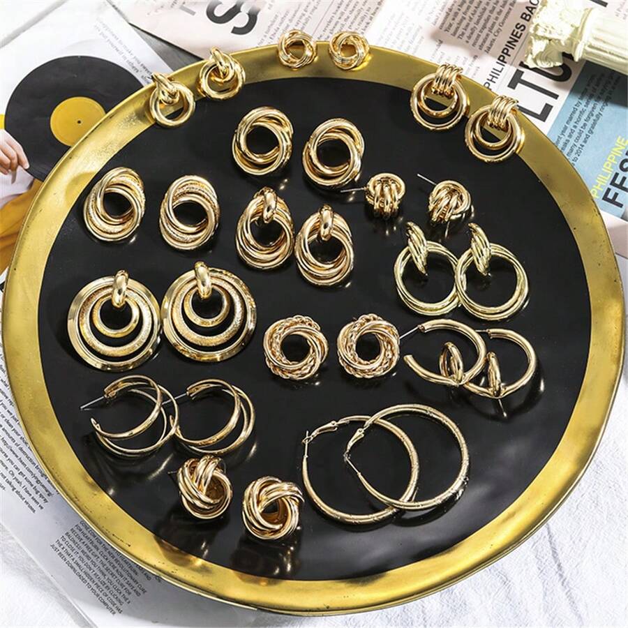 Bộ 3 đôi bông tai kim loại hình học thời trang dành cho nữ, phù hợp để phối hàng ngày (Kiểu dáng ngẫu nhiên) - Vàng - Xem 1