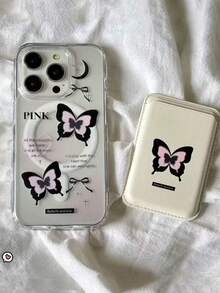 1个可爱卡通动物渐变蝴蝶磁吸可拆卸PU皮革卡包TPU防震手机壳，兼容 11/12/13/14/15/16/17/Pro Max - 無色 - 查看 1