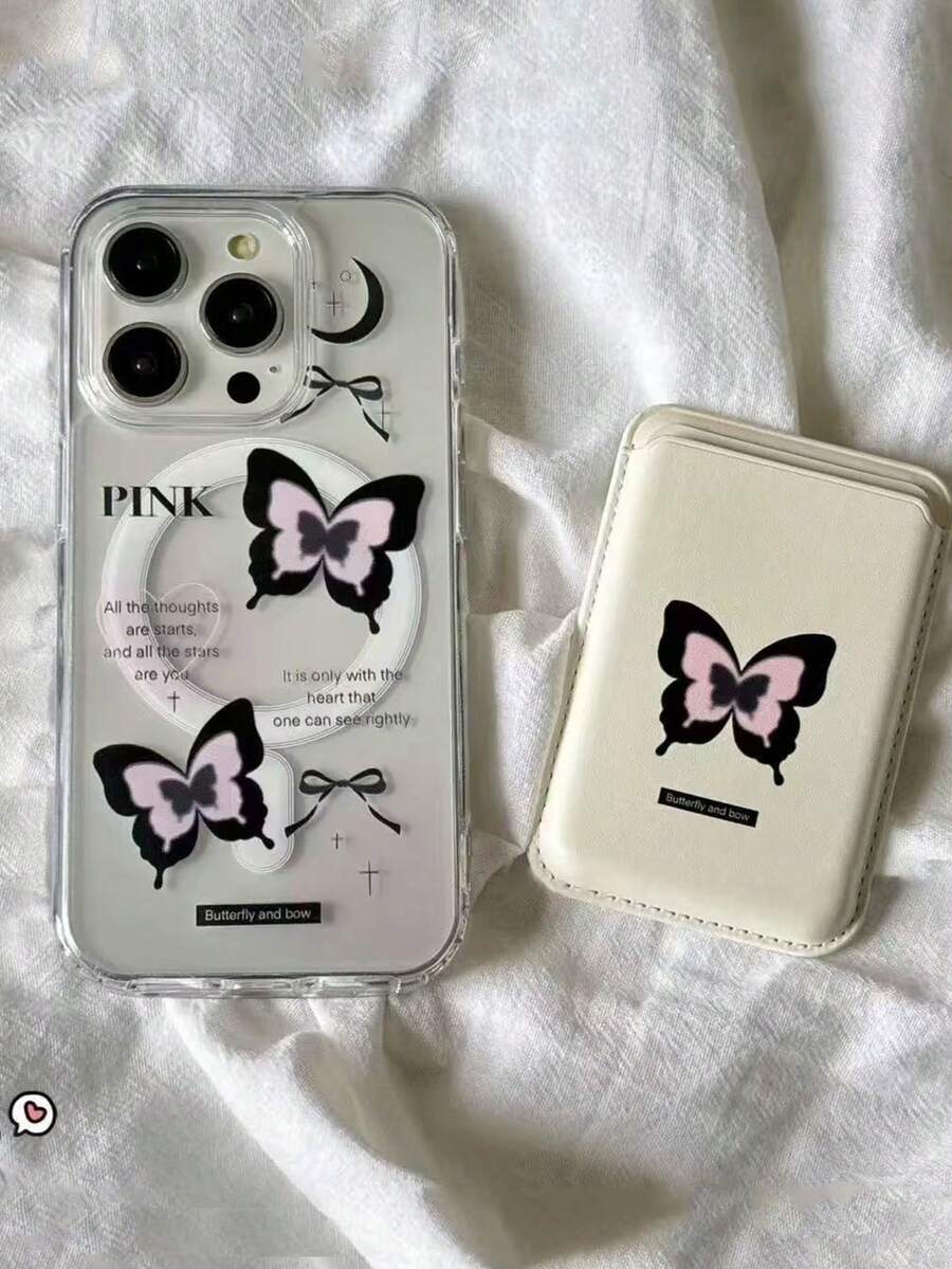 1个可爱卡通动物渐变蝴蝶磁吸可拆卸PU皮革卡包TPU防震手机壳，兼容 11/12/13/14/15/16/17/Pro Max - 無色 - 查看 1