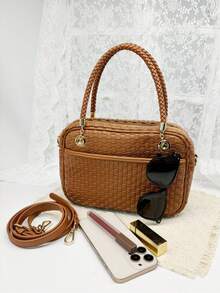 Checkered Crossbody Bag For Women Shoulder Plaid Handbags Top Handle Satchel Bag Woven Bum Bag Stylish Woven Crossbody Bag PU Leather - 純棕色 - 查看 11