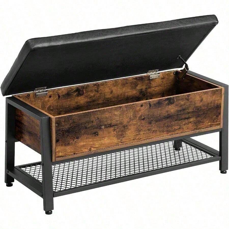 VASAGLE Industrial Storage Bench Bed End Stool with Padded Seat and Metal Shelf Sturdy Steel Frame 39.4 L x 15.7 W x 18.5 H 100 x 40 x 47 cm Rustic Brown + Black - Multicolor - Ver 1