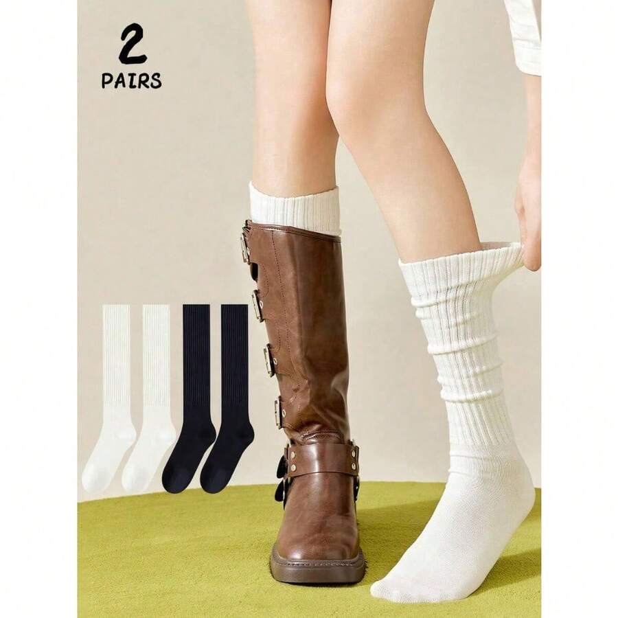 1 Calf Socks, Warm Long Socks Suitable For Daily Wear With Leather Shoes, Autumn/Winter - 黑白兩件套 - 查看 1