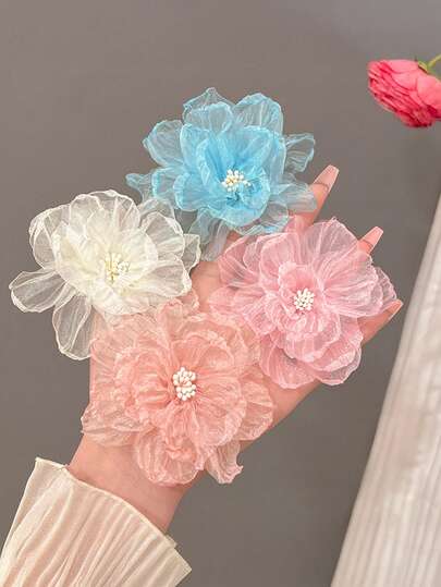 Set de 4 pinzas para el cabello de mujer con flores de gasa bohemias, elegantes y de unicolor simple, adecuadas para uso diario, casual, fiesta, playa, vacaciones, peinado, lavado de cara/cabello, maquillaje, accesorios de moda, otoño/invierno/primavera/verano, regalos del Día de San Valentín