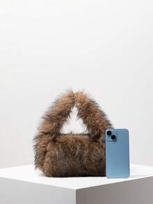 Solid Fluffy Soft Candy Color Satchel Bag, Y2K Style Faux Fur Tote Bags For Ladies, Party Bag, Party Dresses For Women, Winter Fur Purse, Suitable For Commuting, Work, Gatherings, Parties, Perfectly Matching With Fall Outfits Womenfall Clothes For Women, New Arrival Fur Bag For Women - 棕色 - 查看 3
