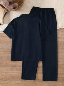 男童藏蓝色轻薄罗纹 Polo 领开衫短袖上衣和休闲长裤睡衣套装（2 件套），春夏款 - 寶藍色 - 查看 2