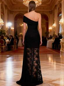 UNITHORSE Asymmetric Neck Short Sleeve Cinched Waist Twist Decor Mesh Fabric Elegant Evening Dress - Black - View 3