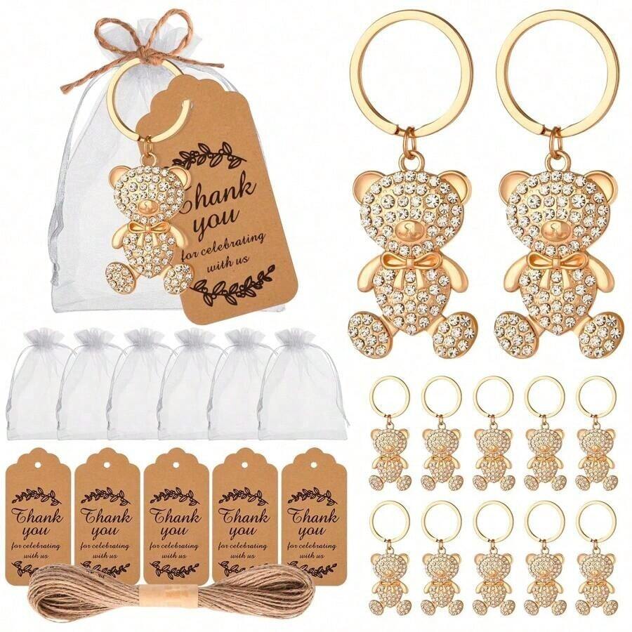 24pcs Gold Bear Keychains With Burlap Bag And Thank You Card, Suitable As Wedding Bride Gift, Birthday Party Favors, Decorations And Wedding Souvenirs, Also Can Be Used As Bridal Shower Gift, Valentine's Day Gift, Wedding Gift, Christening Gift, Etc. - Golden Diamond Bear - View 1