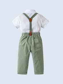 BOARNSEORL 两件套男童绅士套装 - 白色短袖衬衫配领结和绿色背带裤，适合生日派对、婚礼、节日活动等场合。 - 綠色 - 查看 4