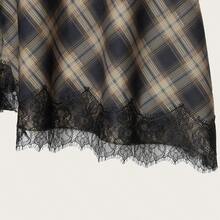 2026春季女装热销款深黑色格纹中长裙——不对称垂褶裙摆，精致黑色蕾丝饰边，飘逸廓形，优雅别致气质，百搭都市出行/下午茶聚会/周末早午餐/休闲约会，跨境热销必备单品 - 黑棕格紋 - 查看 8