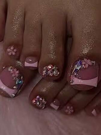 24 piezas de uñas postizas para los dedos de los pies de color rosa francés con brillo, uñas postizas falsas de forma cuadrada corta, set de manicura que incluye 1 hoja de pegatinas adhesivas y 1 lima pequeña, perfectas para uso diario