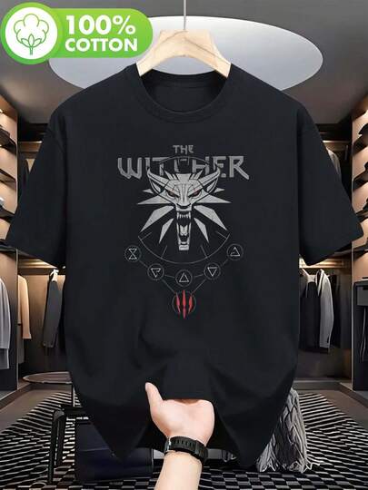 Camiseta de The Witcher para hombre  Camiseta gráfica oficial de Geralt de Rivia con diseño de lobo blanco y mapa del continente, camiseta casual suave de cuello redondo para fans, regalo coleccionable para gamers, ajuste cómodo para todas las estaciones, estilo callejero Harajuku, estampado geométrico