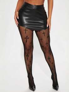 1 đôi quần tất/legging cỡ lớn dành cho nữ, họa tiết chữ thập Halloween, thiết kế lưới jacquard họa tiết chữ thập Halloween, gợi cảm và thanh lịch, hoàn hảo cho các bữa tiệc. - Chữ thập đen - Xem 6