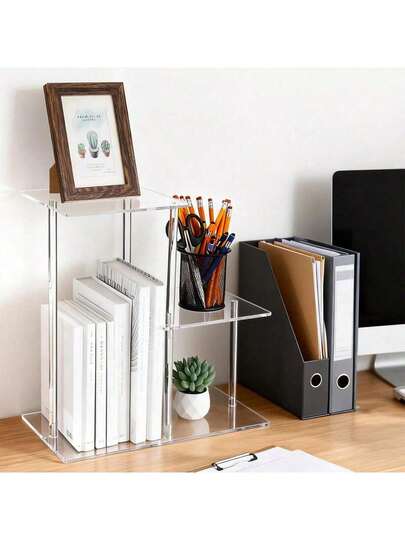 Acrylic Desktop Bookshelf 7.87x15.75x15.75 Inches, Small Transparent Mini Desk Organizer, 3 Layer Storage Rack For Office Supplies
