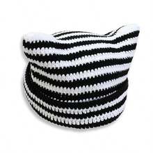Y2K Gothic Cute Cat Ear Crochet Hat Striped Beanie Knitted Hat Accessory For Outdoor Travel Streetwear, Men& Women's Gift For St Patricks Day, Valentines Day, Easter - Đen và trắng - Xem 3