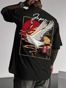 男士东京日本绘画图案印花黑色圆领短袖T恤 - 黑色 - 查看 3