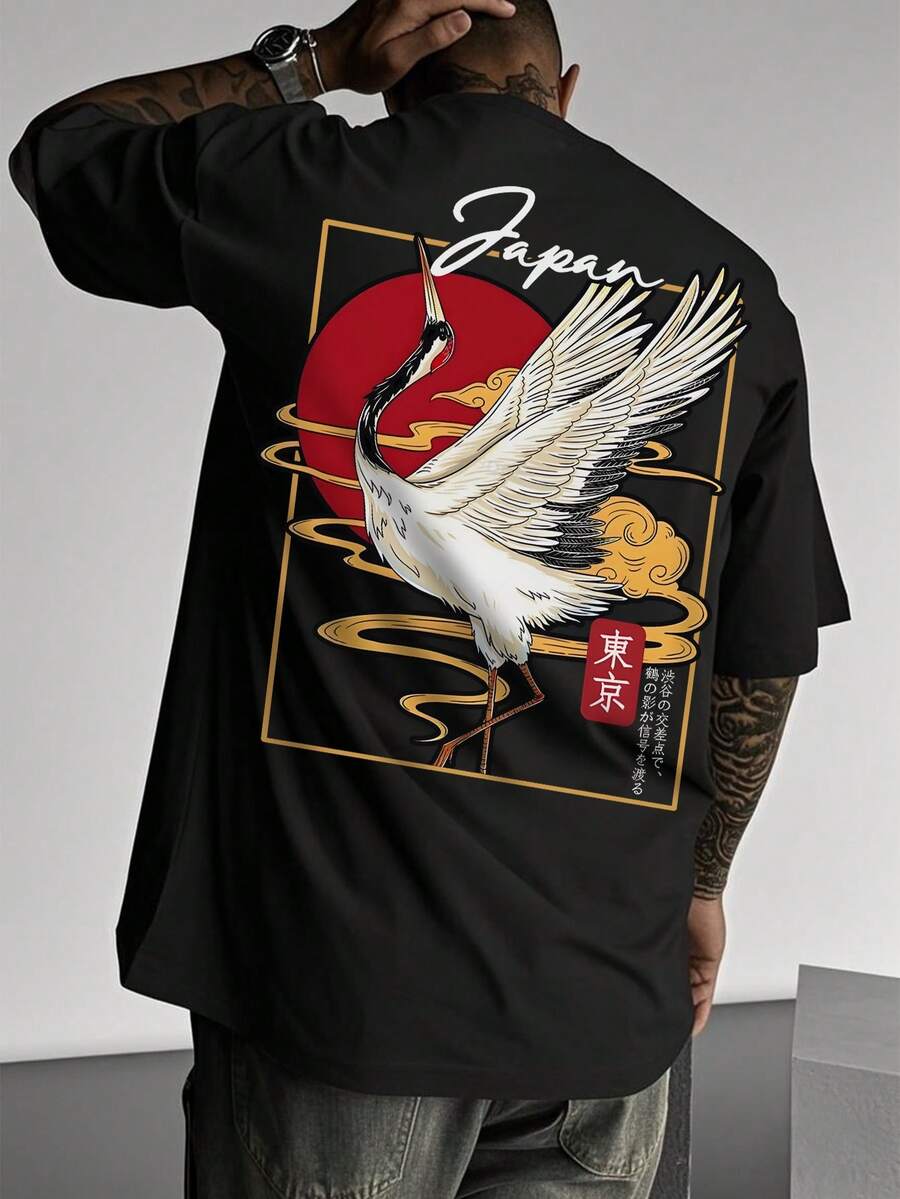 男士东京日本绘画图案印花黑色圆领短袖T恤 - 黑色 - 查看 1