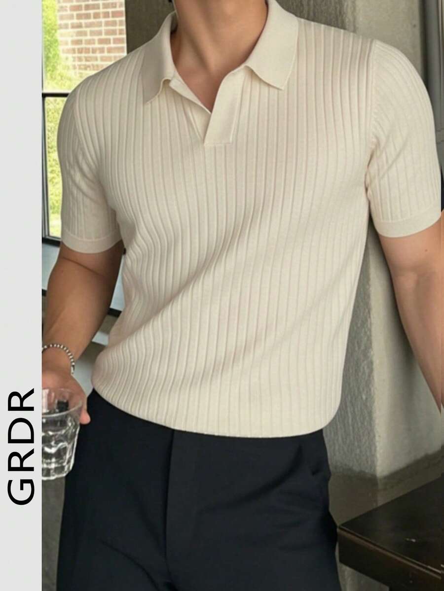 GRDR Áo len dệt kim tay ngắn màu trơn cho nam, thời trang cho mùa hè