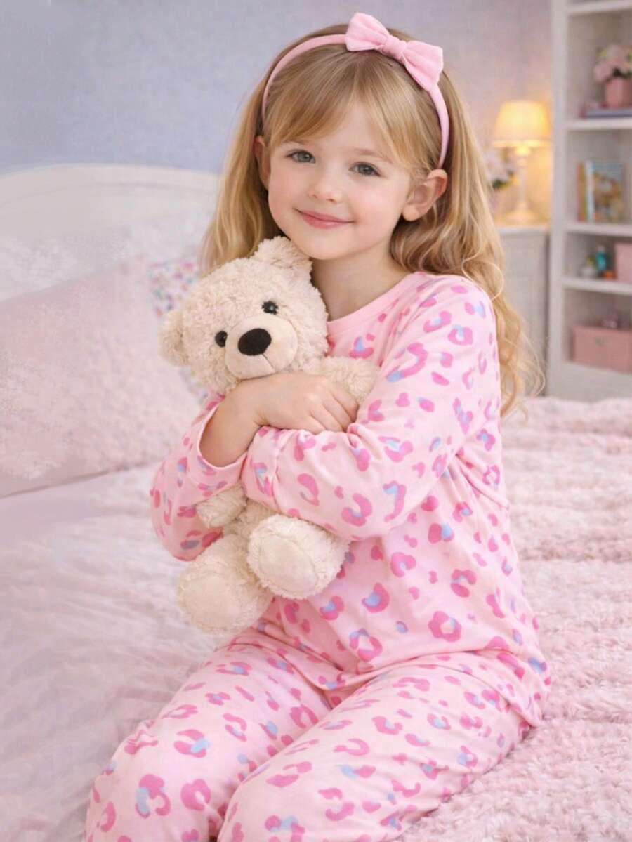 新款女童睡衣套装，可爱豹纹睡衣，圆领长袖，休闲舒适，两件套，适合所有季节 - 粉色 - 查看 1