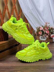 Soft, Breathable And Lightweight Mesh Running Shoes, Neon Green Color, Unisex Casual Walking Shoes Suitable For Commuting, Fitness, Travel, With Wedge Heel Design, Round Toe, Low-Top, Versatile, Perfect Gift For Holidays Or Valentine's Day, Women's Athletic Shoes - Fluorescent Green - View 4