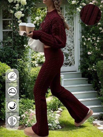 1 pièce Pantalon tricoté décontracté, pantalon tricoté long à taille froncée jacquard de couleur unie, convient pour l'automne/l'hiver, convient pour l'école, convient pour diverses occasions au printemps/été, style bohème, festival de musique, école, saison des mariages